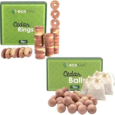 ecoKiwi Cedar Blocks for Clothes Storage Bundle - 55 Pack Rings & 75 Pack Balls - 100% Natural Aromatic Cedar Closets & Drawers - Scented Cedarwood Oil with Sandpaper - Cedar Freshener Deodorizer Cover