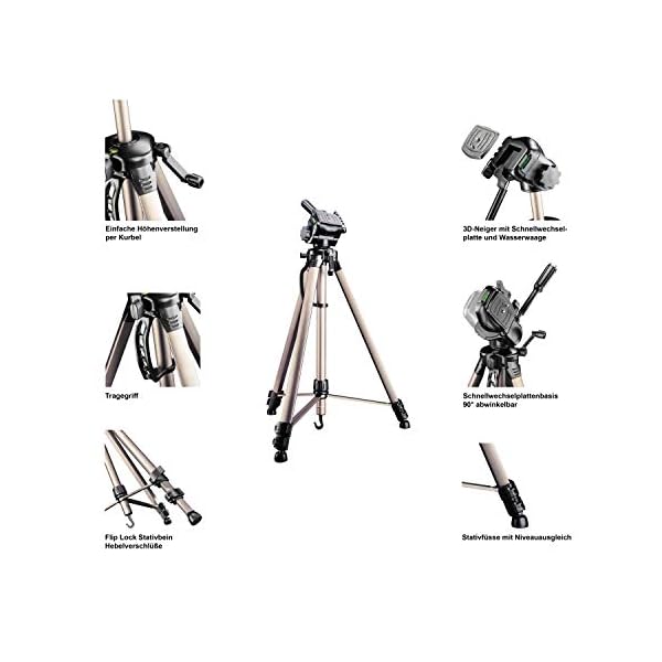 Mantona Basic Travel Pro II Fotostativ –leichtes und kompaktes Aluminium Dreibein Videostativ mit Schnellwechselplatte, Höhe 55 bis 146 cm, Traglast 3 kg, leichte 1,07 kg, Bronze, mit Tasche – Bild 5