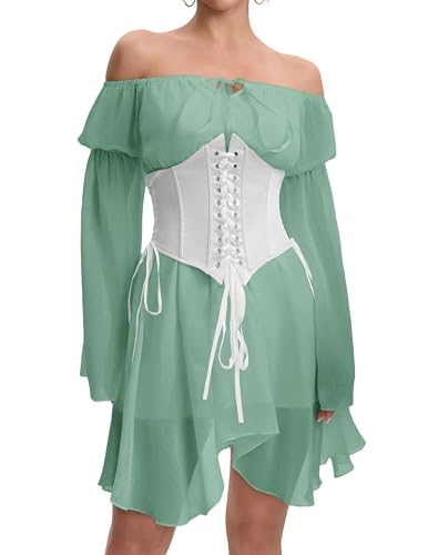 Image of Womens Green Fairy Dress With Corset Off Shoulder Bell Sleeve Lace Up Chiffon Bustier Dress Set XXL