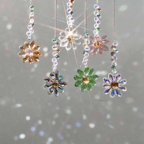 Image of 6 PCS Crystal Flower Suncatchers Hanging Ornaments Colorful Crystal Sunflower Rainbow Maker Hanging Pendant Windows Indoor Outdoor Garden Decorations