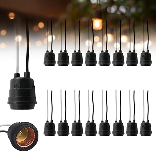 (16 Pack) Weatherproof Pigtail Lamp Sockets, E26 Medium Base, 14 AWG, Fully Sealed Outdoor Light Holders for Temporary Lighting, Holiday & Christmas Décor, Black & White Wires, Stripped Ends