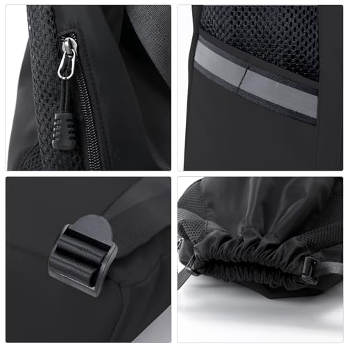 Valleycomfy Drawstring Backpack Sports Gym Backpack with Reflective Strips Water-Resistant String Beach Bag for Men Women Black - Image 5