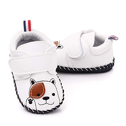 LIDIANO Baby Non Slip Rubber Sole Cartoon First Walking Slippers Crib Shoes Newborn Infant Toddler Training Shoes (0-6 Months Infant, White Puppy)