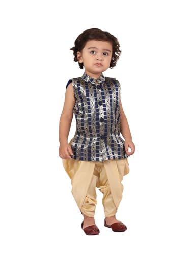 JBN Creation Infant Boys Navy Blue and Gold Silk Blend Kurta and Dhoti Set Deal