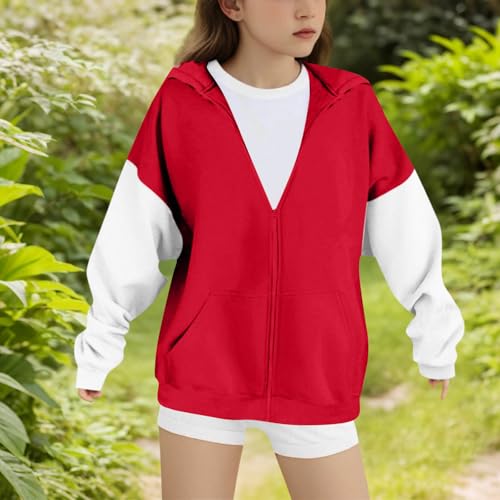 Girls Casual Hoodies Color Block Zip Up Cute Pullover Tops Pockets Hooded Fashion Sweatshirt for 4-15 Years3