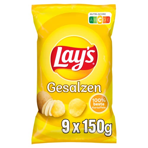 Lay's Gesalzen – Knusprig gesalzene Kartoffelchips für eine gelungene Party (9 x 150 g) (Verpackungsdesign kann abweichen)