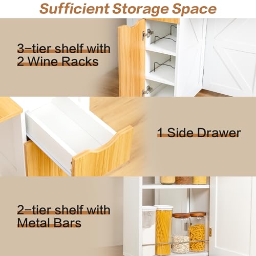Image of 53 inch Folding Dining Table Space Saving Foldable Dining Table with Drawer, Shelves and Wine Racks, Drop Leaf Table for Small Spaces, Extendable Folding Kitchen Table with Lockable Wheels