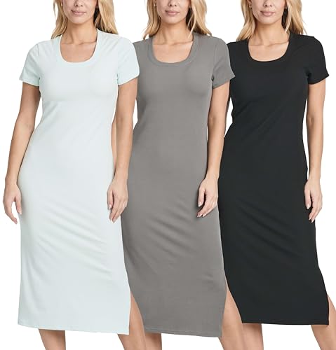 Image of Real Essentials 3 Pack: Women's Ribbed Jersey Crew Neck Short Sleeve Midi Length Dress with Side Slit