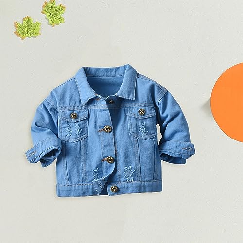Kids Girls Ripped Denim Jacket Solid Color Button Down Long Sleeve Lapel Coat Stylish Casual Outwear for Toddler Girls2