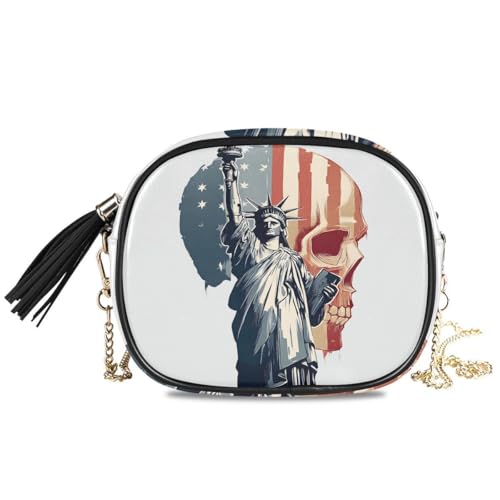 ALAZA Women's Skull Usa Flag Statue Of Liberty PU Leather Crossbody Bag Shoulder Purse with Tassel