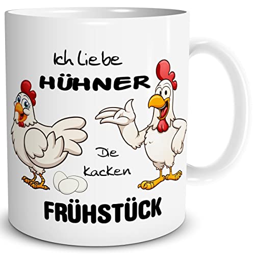 TRIOSK Tasse mit Spruch lustig - Ich liebe Hühner - die kacken Frühstück! - Geschenk für Männer, Frauen, Huhn-Fans, Hühnerliebhaber & Landwirte - Ostern, Büro, Stall - Keramik 300 ml
