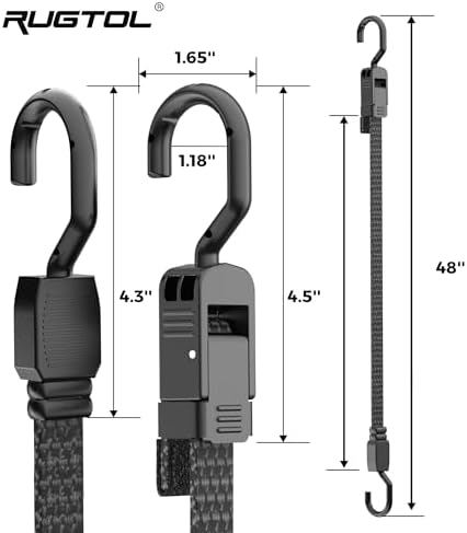 Rugtol Bungee Cords with Hooks, 48 Inch Adjustable Flat Bungee Straps with Quick Release Buckle, Rubber Black Heavy Duty Elastic Cords with Metal Hooks for Bike Rack, Outdoor, Camping, Tarp, 6 Pack - 5