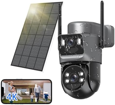 4K Solar Security Cameras Wireless Outdoor Dual Lens, 5GHz & 2.4GHz WiFi 360° PTZ Camera Surveillance Exterieur for Home with Human Auto-Tracking, Siren, Color Night Vision, 2-Way Talk, IP66