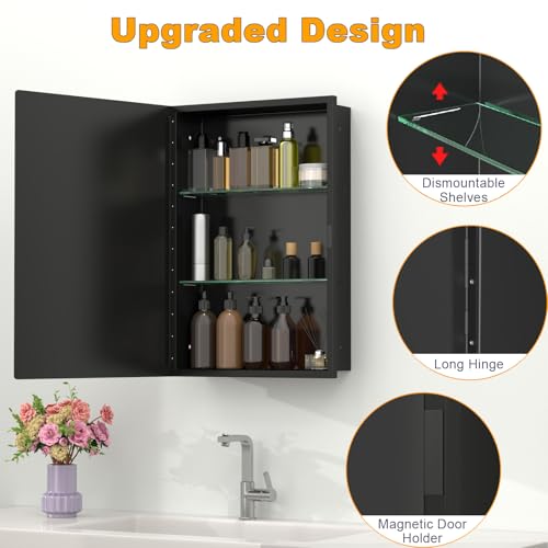 Armario de medicamentos negro de 15" x 20", para empotrar o montar en superficie, con espejo de vidrio templado y armario metálico completo, 2 estantes estables y extraíbles, apertura izquierda o derecha miniatura 6