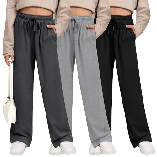 3 Pack Girls' Sweatpants Wide Leg Drawstring Casual Kids Joggers Open Bottom Loose Solid Teen Pants with Pockets