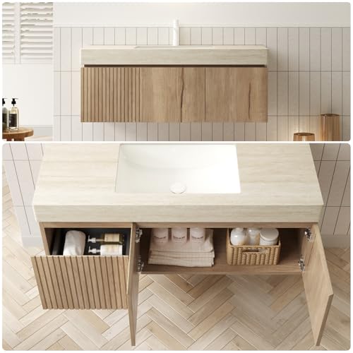 Image of 48 inch Bathroom Vanity with Sink, Wall-Mounted Plywood Bathroom Storage Cabinet with Ceramic Basin & Sintered Stone Countertop, Modern Pre-Assembled Floating Vanity with Drawer & Door, Oak