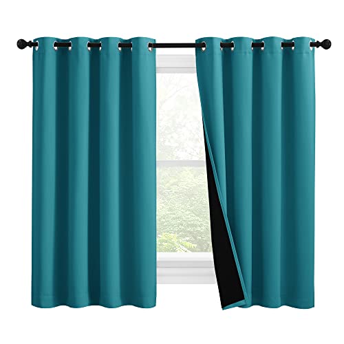 NICETOWN 100% Blackout Curtains 57 inches Long, Double-Deck Completely Blackout Window Treatment Thermal Insulated Lined Drapes for Small Window (Peac