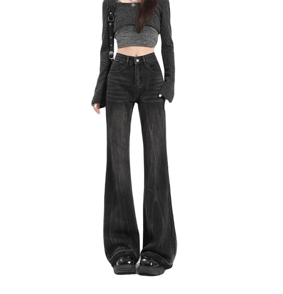 Amazon | [ZHOUSRG] 黒グレー フレアパンツ レディース