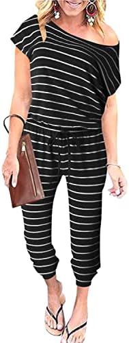 ANRABESS Women's Summer Striped Jumpsuit Casual Loose Short Sleeve One Piece Tracksuit Long Pants Rompers 203heibai-L