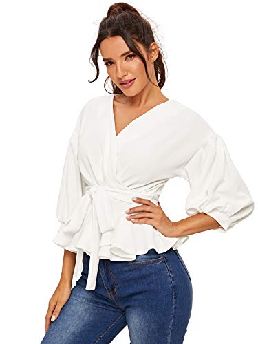 Shein Women's Lantern 3/4 Sleeve V Neck Ruffle Blouse Tie Waist Wrap Peplum Top White Large #TOP2