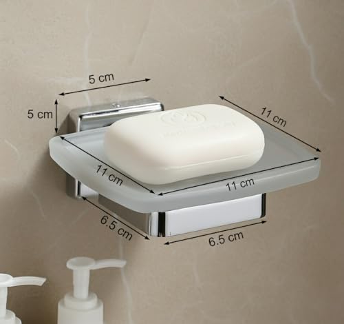 Image of Premium 304 Stainless Steel Soap Dish Holder with Frosted Glass Tray | Wall Mounted Rustproof Soap Stand for Bathroom, Shower, and Kitchen | Chrome Finish Heavy Duty Soap Case(Square 27)
