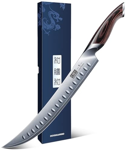 HOSHANHO Schinkenmesser 25cm, Fleischmesser aus Japanischem Kohlenstoffstahl mit Ergonomischem Pakkaholzgriff, Rasiermesserscharfe, Gebogene...
