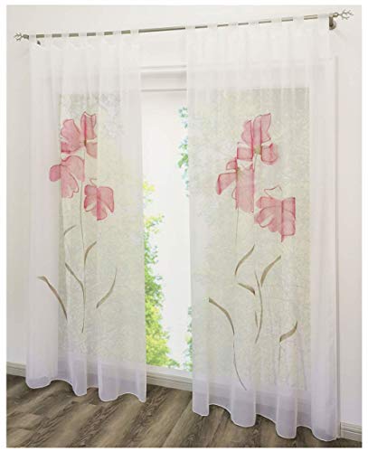 1 PC Motif Floral Rideau Voilage Souple A Pattes Transparent Draperie Imprimé Fleur Rose Polyester 150 x 175 cm Blanc Panneau Voile De Fenêtre Décoration Moderne Pour Salon Chambre Balcon Cover