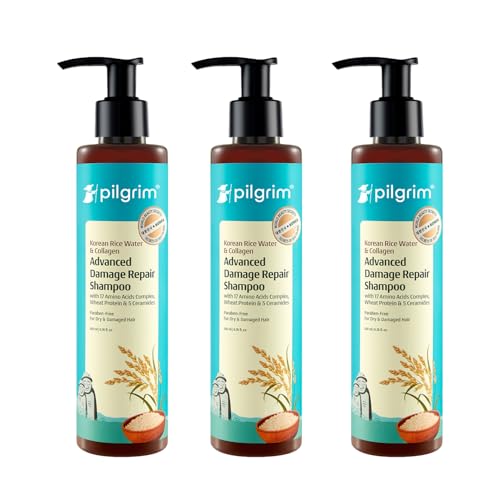 Image of Pilgrim Korean Rice Water & Collagen Advanced Damage Repair Shampoo - 200ml (Pack of 3) | with 17 Amino Acids, Wheat Protein & 5 Ceramides | Paraben-Free | For Dry & Damaged Hair | For Women and Men