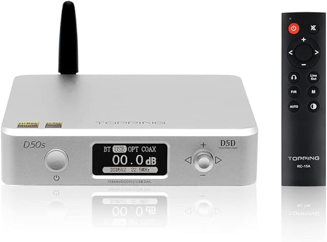 TOPPING D50s USB DAC 2xES9038Q2M XMOS XU208 32Bit/768KHz Bluetooth 5.0/USB/Optical/Coaxial Input Stereo Audio Desktop Decoder DA Converters(Silver)