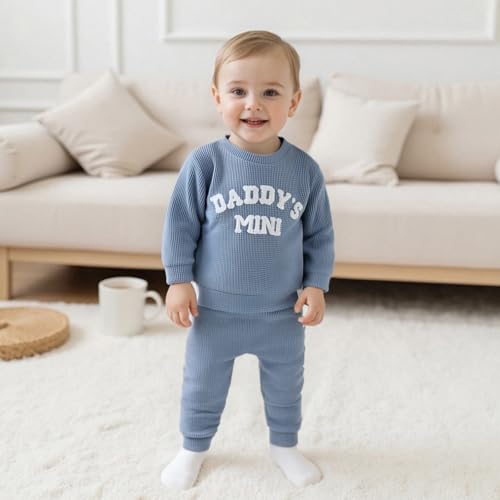 Toddler Baby Boy Fall Outfit Daddy's Mini Waffle Knit Sweatshirt Tops + Jogger Pants Kids Casual Winter Clothes3