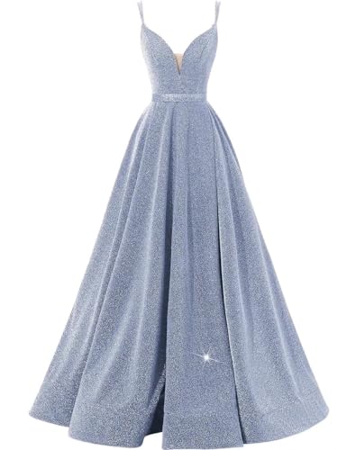 Image of Women's Glittery Spaghetti V-Neck Prom Dresses Long A Line Bridesmaid Dresses Side Split Formal Evening Gowns Dusty Blue,US10
