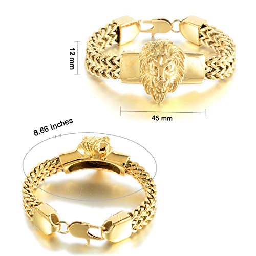 W/W Lifetime Gold Bracelet For Men 18K Plated Stainless Steel Heavy 12Mm Double Franco Chain Lion Head Bracelet For Men And Boys. (Gold, 8.66Inches) #TOP6