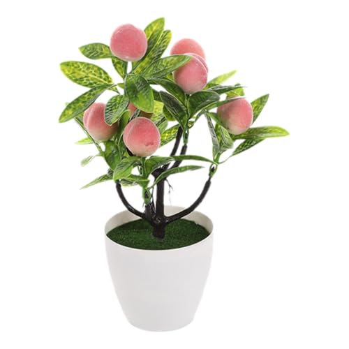 Mini Artificial Fruit Tree Potted Fake Bonsai Plant with Pot Decorative Lifelike Peach Strawberry Pomegranate Lemon Apple Orange Red Berry Tree for Home Office Desk Scenery Arrangement (Peach)
