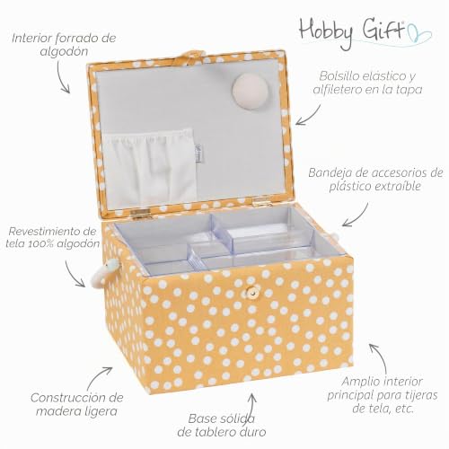 Miniatura 3 de Hobby Gift Caja De Costura Grande Con Asa, Cesta De Algodón Para Almacenaje De Costura, Organizador Con Compartimentos, 23,5 X 31 X 20 Cm, Ocre Con Lunares