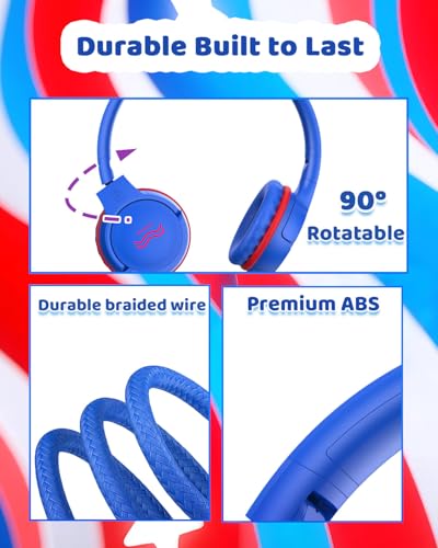 Image of Wired Kids Headphones with Mic, Foldable, Volume Control Safe Listening(85 /94dB), 3.5mm Jack on-Ear Headset for Chilren /Teens /School /Travel /Plane /Ipad /Tablet /Laptop,Blue-Red