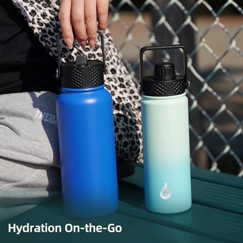 Image of BJPKPK Insulated Water Bottles with Straw Lid, 27oz Stainless Steel Water Bottle with 3 Lids, Leak Proof BPA Free Metal Thermo, Mugs, Tumblers, Keep Cold Hot - Wood Prussian Blue
