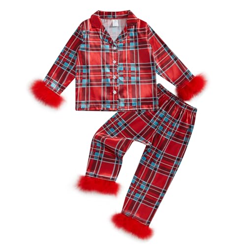Twopumpkin Toddler Girl Christmas Satin Silk Pajamas Button Down 2 Piece Pajama Set Big Kids Teen Girls Pjs Nightgown Outfit (Christmas Feather Trim Plaid Red Green 14-15 Years)