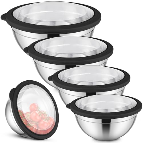 Herogo Rührschüssel 5er Set, Edelstahl Schüssel Salatschüssel mit Transparenter Luftdichtem Deckel, Schüsselset zum Backen Servieren, 4,5L/2,7L/1,5L/1,2L/0,7L, Stapelbar, Spülmaschinenfest, Schwarz