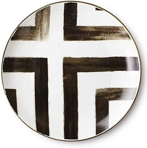 KBDSD Bone China Dinner Plate, Scandinavian Style Hand Painted Crossroad Stripes Black and White Western Dinner Plate Ceramic Plate, Household Round Tableware, Salad Plate and Steak Plate