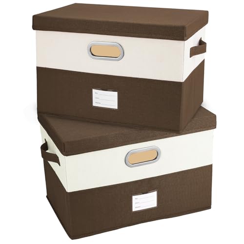 Image of Large Linen Fabric Foldable Storage Bins with Removable Lid and Handles, Washable Storage Box Organizer Containers Baskets Cube with Cover for Bedroom,Office(coffee&cream, Large(2-Pack))