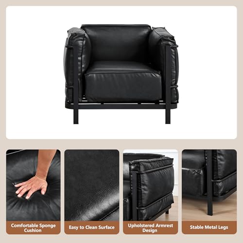 Image of QHITTY Sofa Chair, Mid-Century Modern Upholstered Couch Chair Faux Leather Sofa Couch with Iron Frame and Upholstered Armrest Backrest Cushion for Living Room, Office, Apartment (Black)