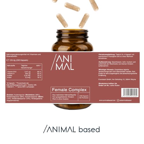 Female Complex [240 Kapseln] - Mit Austern, Milz, Leber & Colostrum vom Rind – Multivitamin für Frauen - Natürliches Eisen, Kupfer, Vitamin A (Retinol), Vitamin B12 – geschmacksneutral