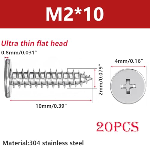 Ctyjia 20 Stück Dünner Selbstschneidende Schrauben, Kreuzschlitz Flachkopf Schrauben, 304 Edelstahl, M2 x 10 mm, Holzschrauben für Reparaturen