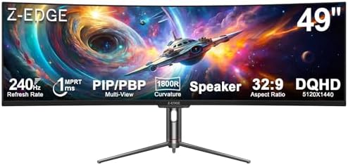 5K Monitor, Z-Edge UG49P 49 inch Curved Gaming Monitor, DQHD 5120x1440 Monitor,240Hz, 32:9 Ultrawide, 1ms MPRT, 1800R, 320 cd/m², 8bit, HDMI*1, DP*2, USB-C, PIP/PBP