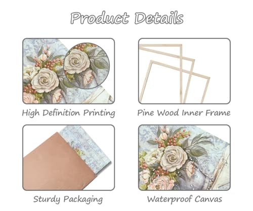 Piy Painting 3 Pcs Weinlese Wandbilder Mit Rahmen, Blumen Wandkunst Leinwand Malerei, Bilder Für Wohnzimmer, Wasserfesten Bild Für Schlafzimmer Küche Badezimmer Wanddeko 30 x 30 cm