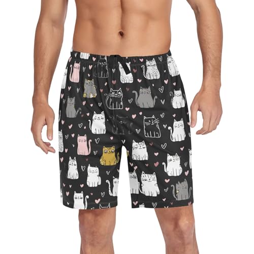 Cartoon Cat Love Heart Print Pajama Bottom Shorts for Men Soft Casual Sleep Lounge Shorts with Pockets S-XXL