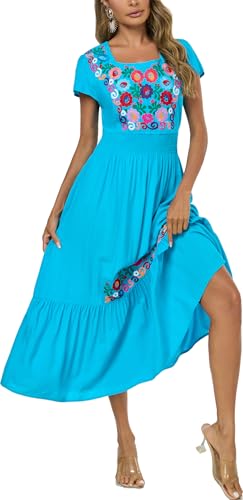 Image of Women's Summer Maxi Dress Casual Floral Embroidered Round Neck Short Sleeve Ruffle Tiered Dress Flowy Boho Beach Sundress