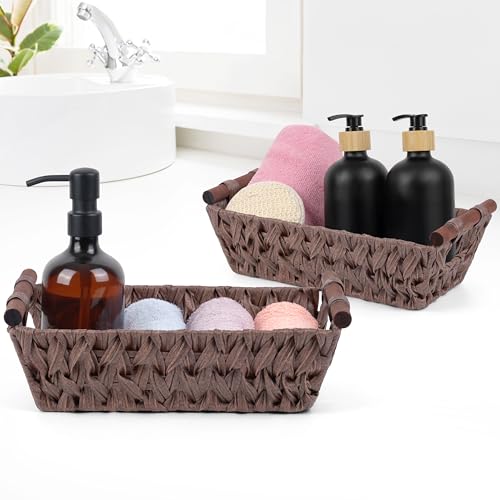 Winter Shore Cesta Mimbre Marrón (Pack de 2) - Cestas Multiusos con Asas para Ordenar - Organizador Baño - Cestas de Almacenaje para Estanterías - Cesta Pequeña de Ratán Decoración