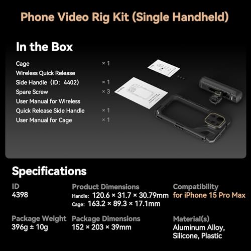 SMALLRIG Kit de gaiola de telefone portátil única para iPhone 15 Pro, kit de gaiola de vídeo móvel c
