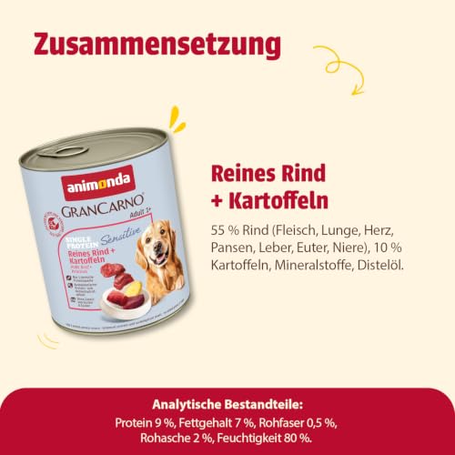 animonda GranCarno Adult Sensitiv Rind + Kartoffeln (6 x 800 g), Nassfutter für ernährungssensible Hunde, Nassfutter für Hunde mit bekömmlichen Zutaten, Sensitives Hundefutter ohne Getreide